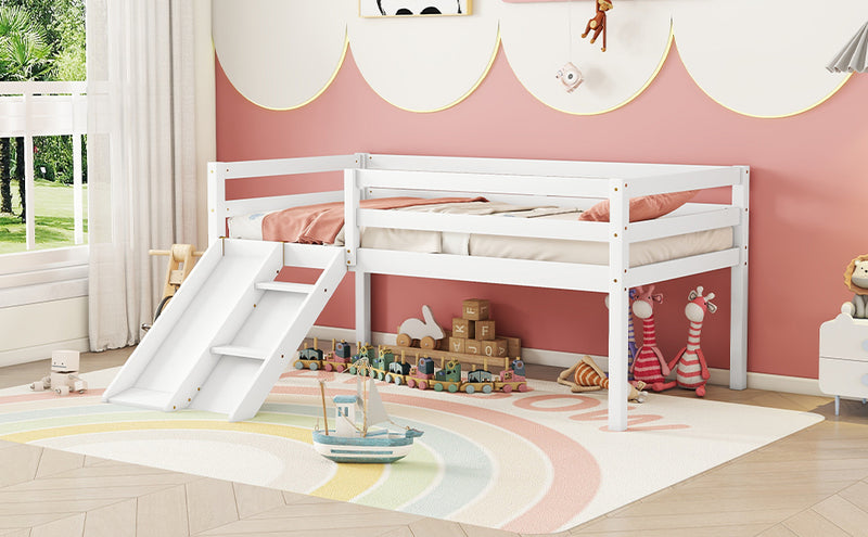 Twin Low Loft Bed with Slide,  Ladder, Safety Guardrails, No Box Spring Needed,White