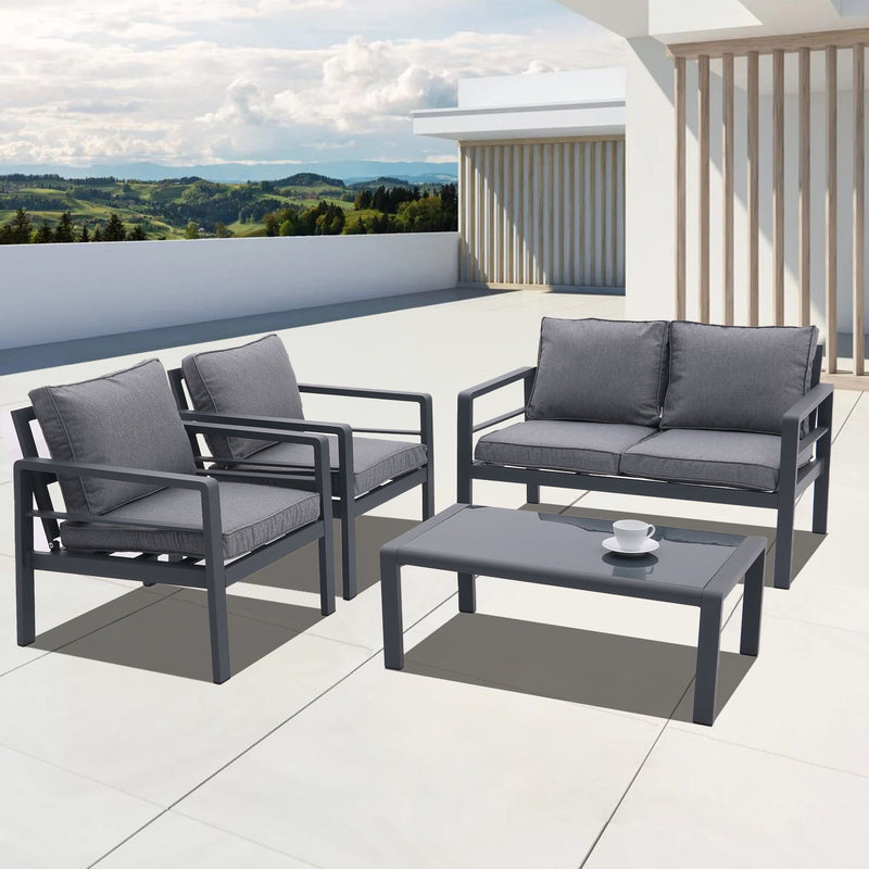 4 Piece Aluminum Outdoor Patio Conversation Set, All Weather Sectional Sofa Outside Furniture With Removable Cushions And Tempered Glass Coffee Table - Gray