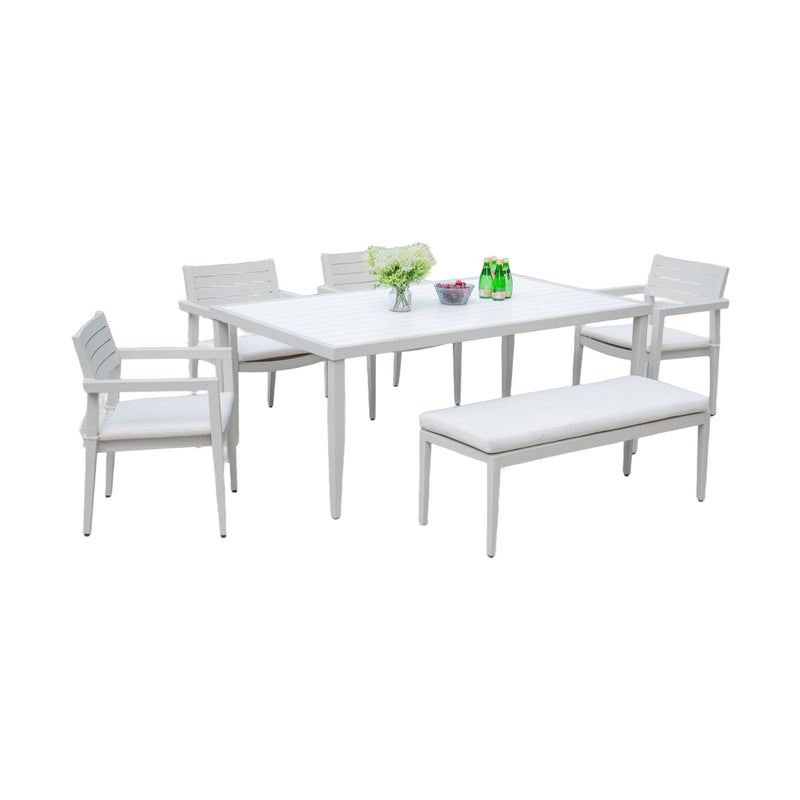 6 Piece Dining Set Modern Outdoor Patio Furniture, Including 4 Dining Chairs & 1 Dining Bench Sunbrella Fabric Cushioned And Two-Tone Rectangle Table With Umbrella Hole - Matte White / Grayish