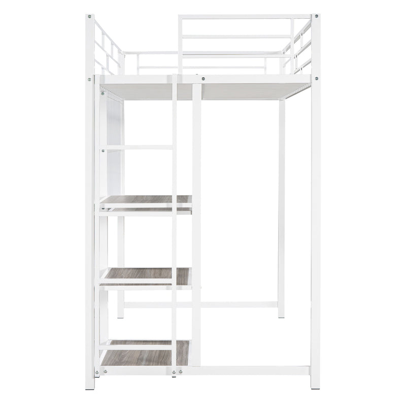 Loft Bed With Desk And Whiteboard, Metal Loft Bed With 3 Shelves And Ladder