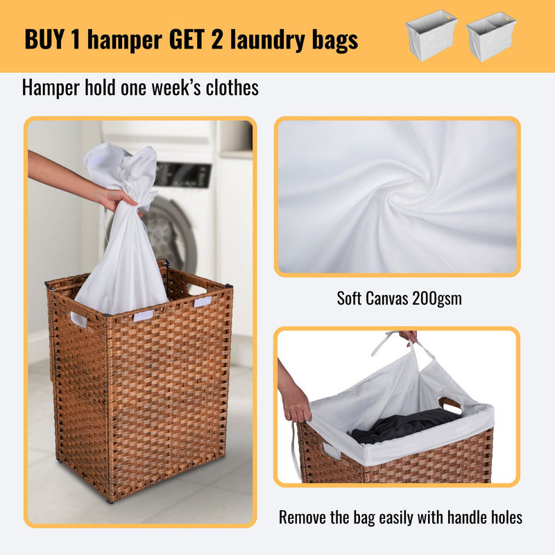 Laundry Hamper With Lid PE Rattan Powder Coating Frame Clothes Hampers With 2 Removable Bags