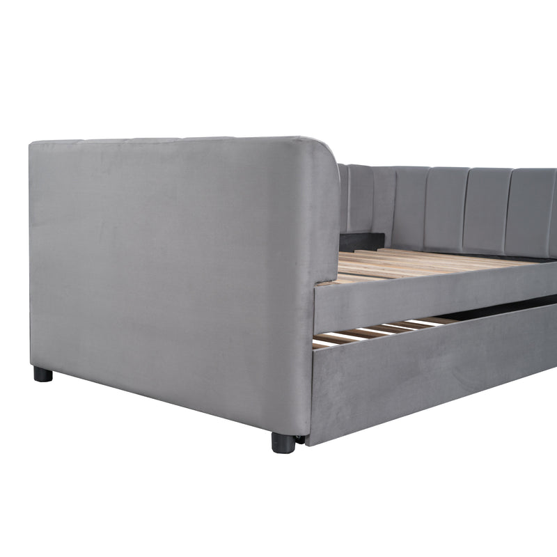 Twin Size Upholstered Daybed with Ergonomic Design Backrest and Trundle, Gray