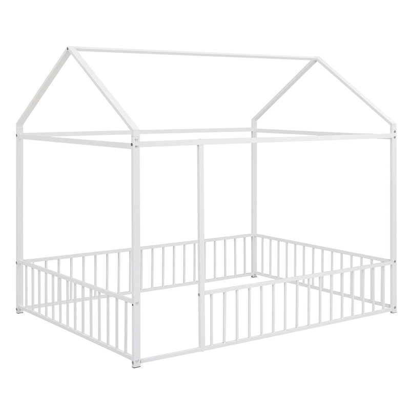 Metal Bed House Bed Frame With Fence, For Kids, Teens, Girls, Boys