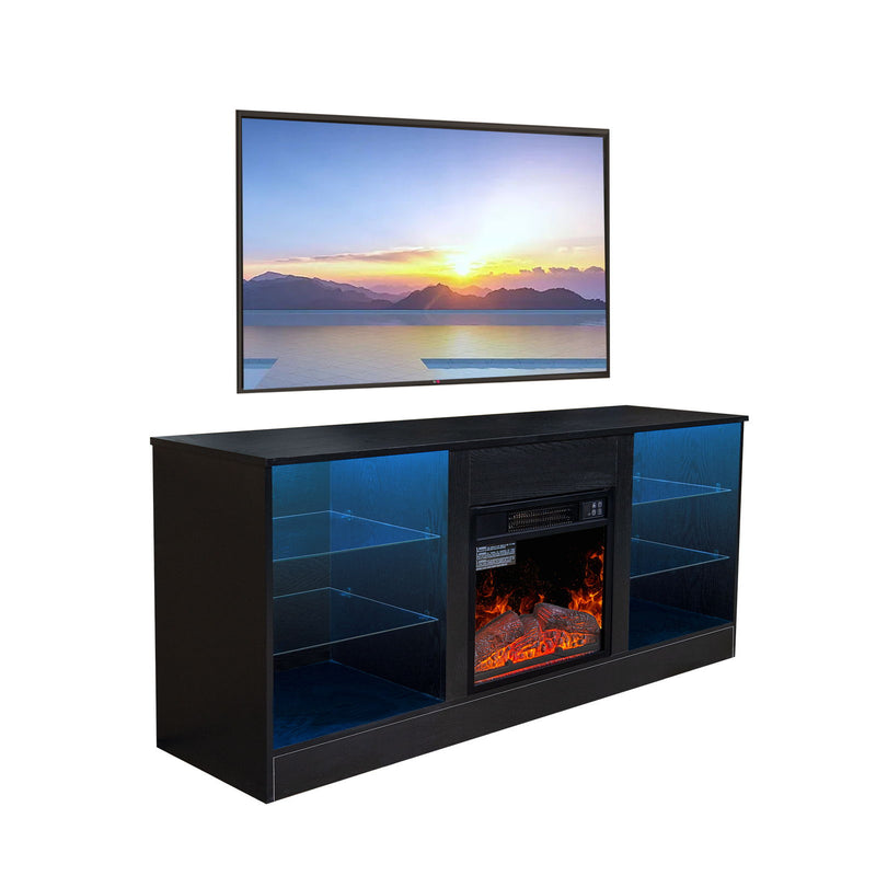 Fireplace TV Stand With 18" Electric Fireplace Heater, Modern Entertainment Center For TVs Up To 62" With Adjustable Glass Shelves And Storage Cabinets