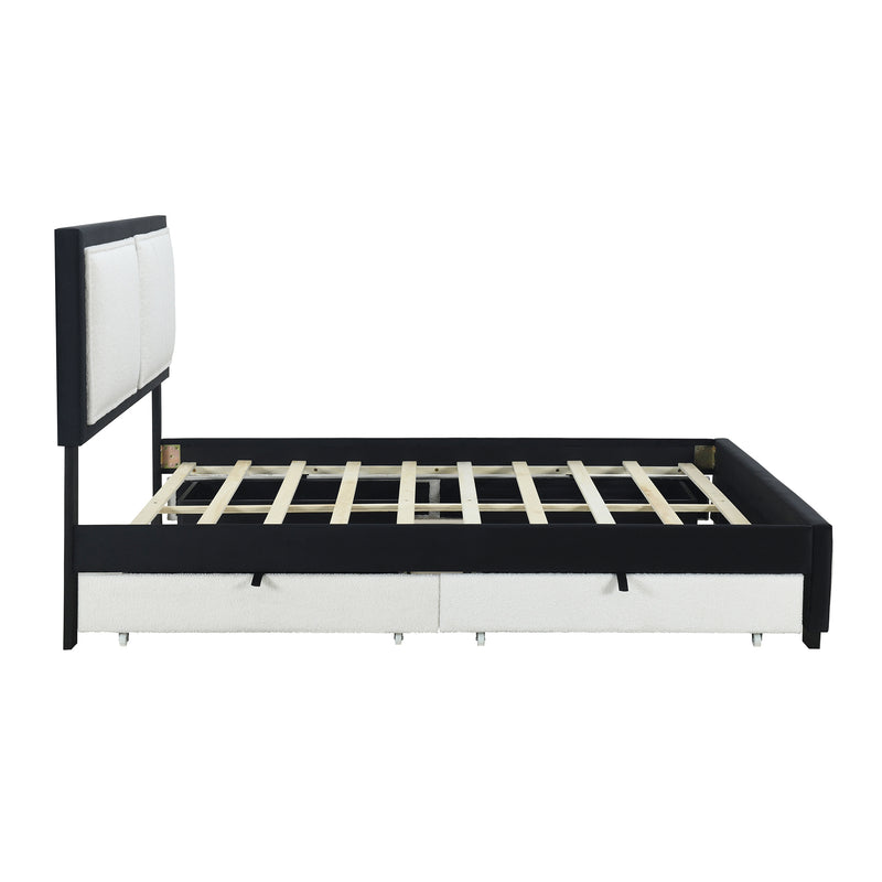 Queen Size Upholstered Platform Bed with Large Rivet-decorated Backrests and 4 Drawers, Velvet matched with Teddy Fleece, Black+White