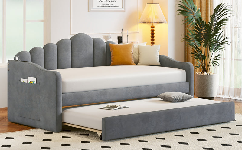 Twin size Upholstered Daybed with Trundle ,Velvet Sofabed with USB Charging Ports,No Box-spring Needed,Gray