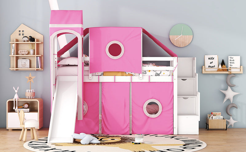 Twin Size Loft Bed with Tent and Tower - Pink