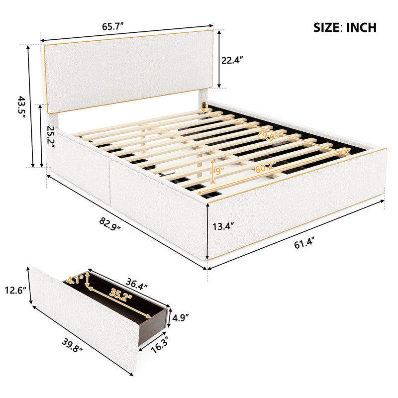 Queen Size Upholstered Platform Bed with 4 Drawers and Golden Edge on the Headboard & Footboard, White