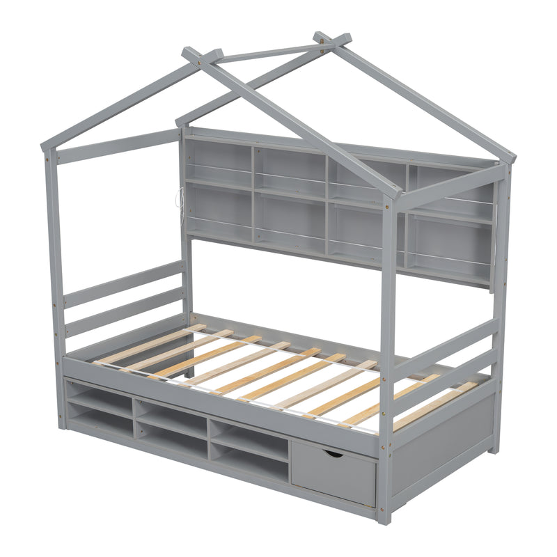 Twin House Bed with Roof Frame, Bedside-shelves, Under Bed Storage Unit,Grey