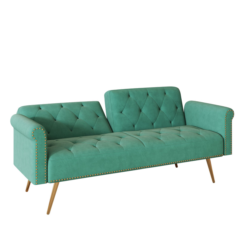 Velvet Nail Head Sofa Bed With Throw Pillow