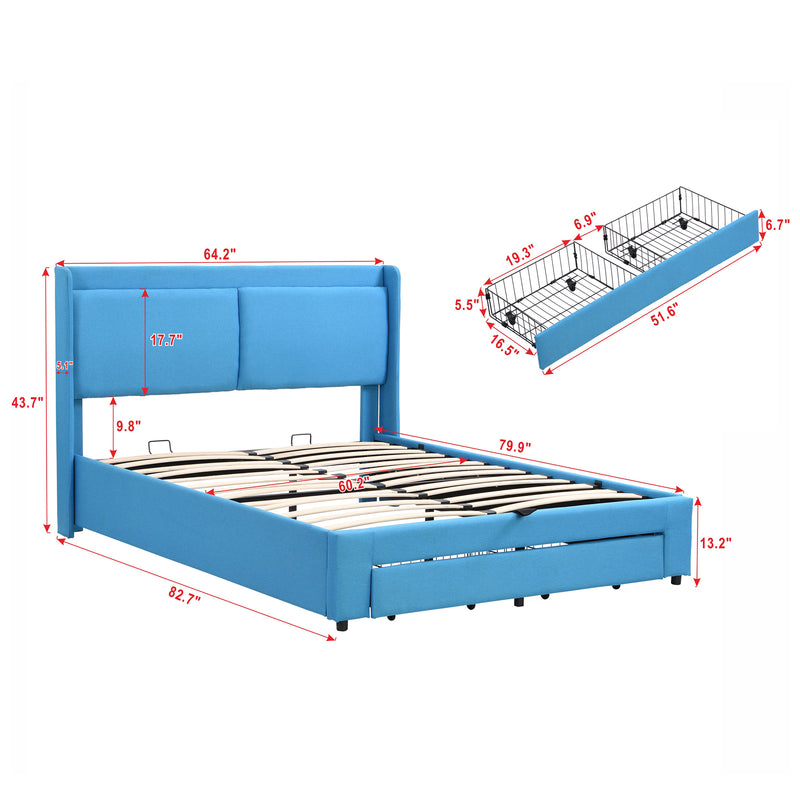 Queen Size Storage Upholstered Hydraulic Platform Bed with 2 Drawers, Blue