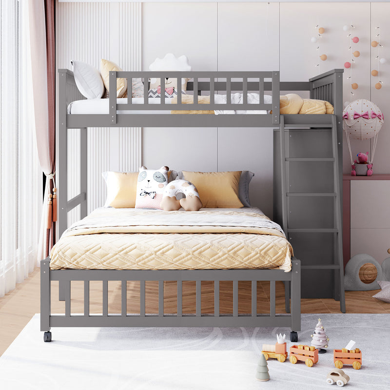 Wooden Twin Over Full Bunk Bed With Six Drawers And Flexible Shelves,Bottom Bed With Wheels,Gray(OLD SKU:LP000531AAE)