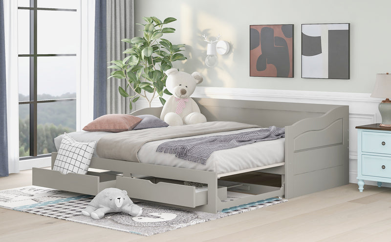 Wooden Daybed with Trundle Bed and Two Storage Drawers , Extendable Bed Daybed,Sofa Bed with Two Drawers, Gray