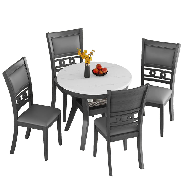 5 Piece Dining Round Table Set With One Faux Marble Top Dining Table And Four Pu-Leather Chairs - Gray