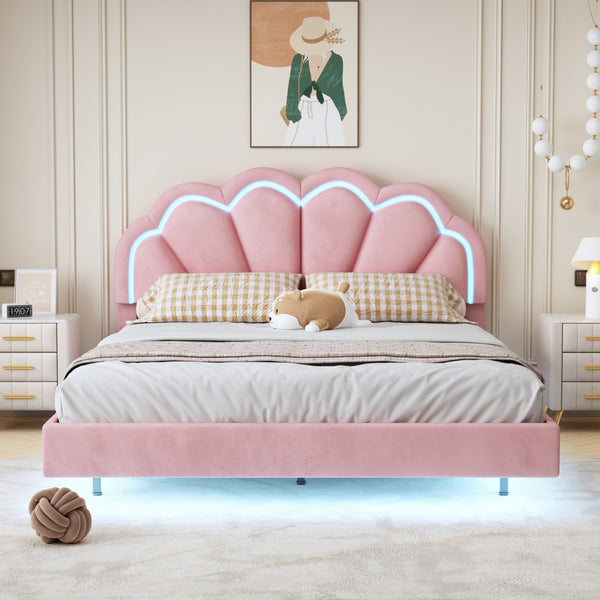 Queen Upholstered Smart LED Bed Frame with Elegant Flowers Headboard,Floating Velvet Platform LED Bed with Wooden Slats Support,Pink