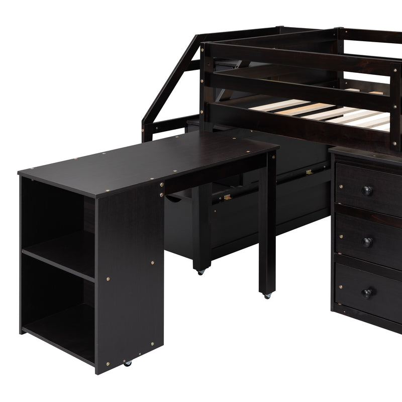 Twin Size Loft Bed with Retractable Writing Desk and 3 Drawers, Wooden Loft Bed with Storage Stairs and Shelves, Espresso