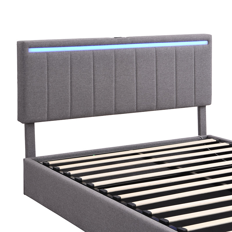 Queen Size Upholstered Platform Bed with Hydraulic Storage System, LED Light, and a set of USB Ports and Sockets, Linen Fabric, Gray