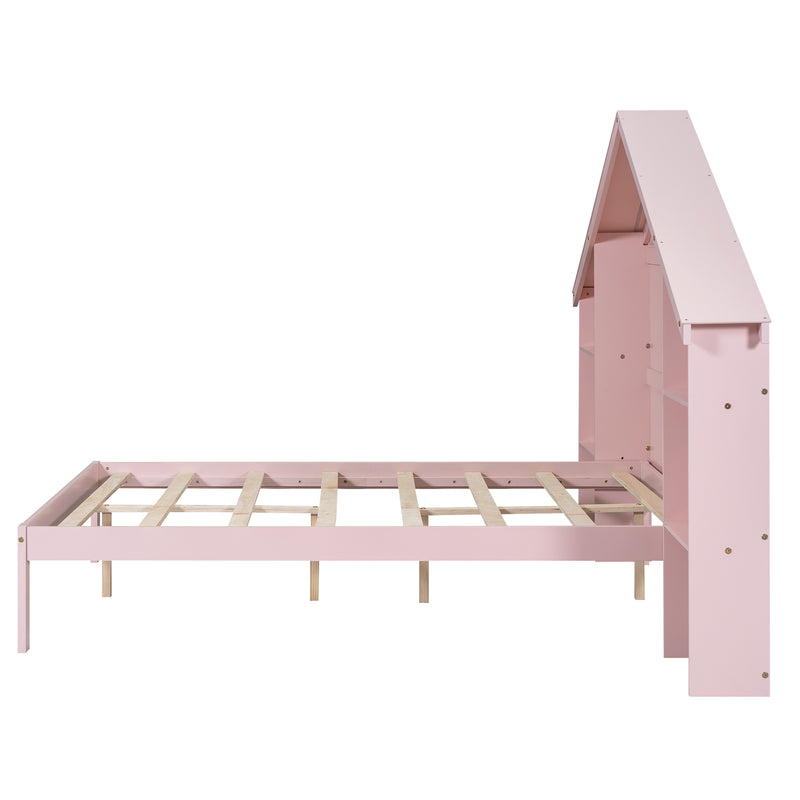 Wood Full Size Platform Bed with House-shaped Storage Headboard and Built-in LED, Pink