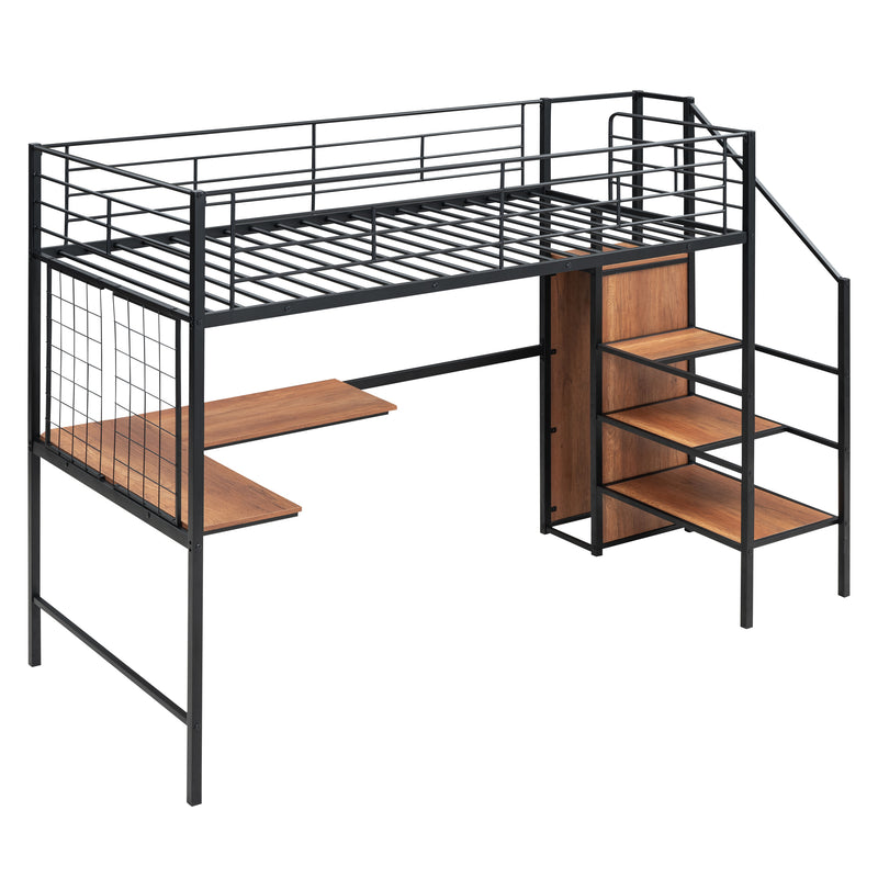 Twin Size Metal Loft Bed with Desk and Metal Grid, Stylish Metal Frame Bed with Lateral Storage Ladder and Wardrobe, Black