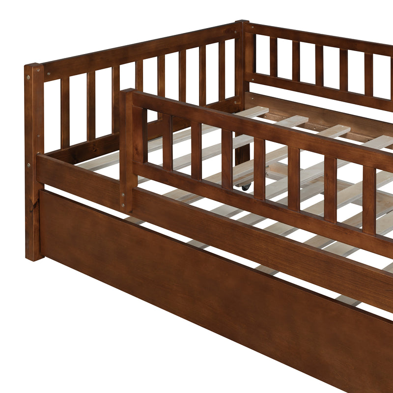 Twin Size Wood Daybed with Trundle and Fence Guardrails, Walnut