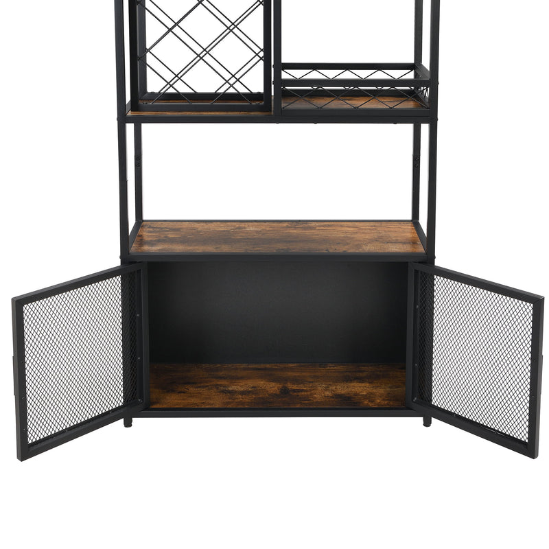 Industrial Tall Black Bar Wine Rack Cabinet With Glass Holder Wood Home Bar Cabinet - Walnut / Black