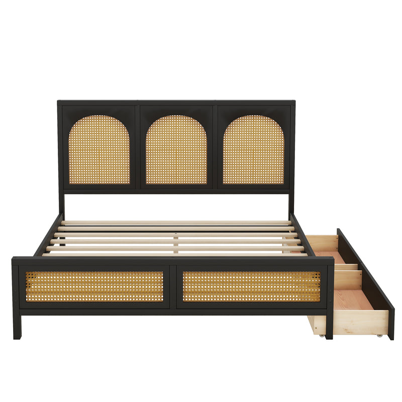 Queen Size Wood Storage Platform Bed with 2 Drawers, Rattan Headboard and Footboard, Black