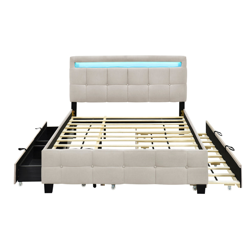 Queen Size Upholstered Platform Bed with LED Frame, with Twin XL Size Trundle and 2 drawers, Linen Fabric, Beige