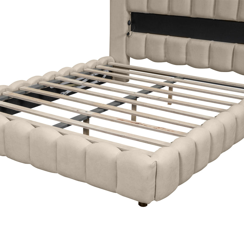 Queen Size Upholstered Platform Bed with LED Headboard and USB, Beige