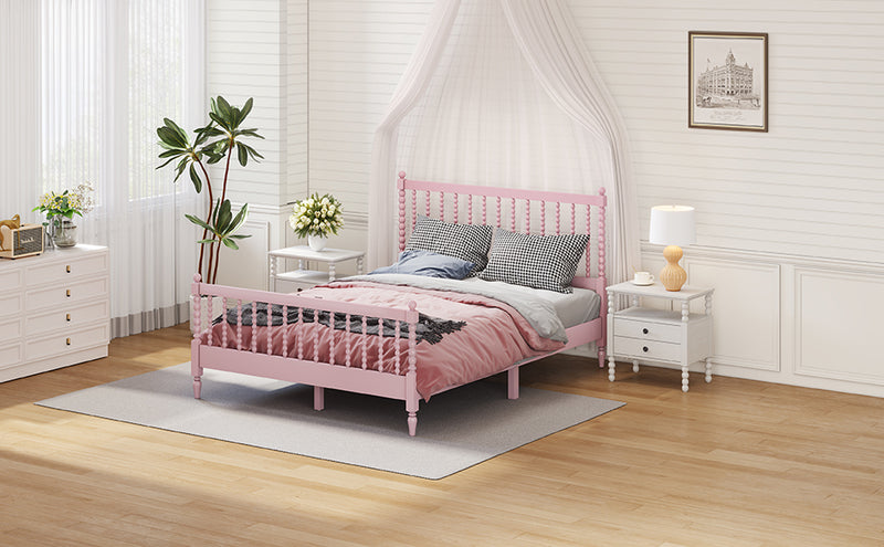 Queen Size Wood Platform Bed with Gourd Shaped Headboard and Footboard,Pink