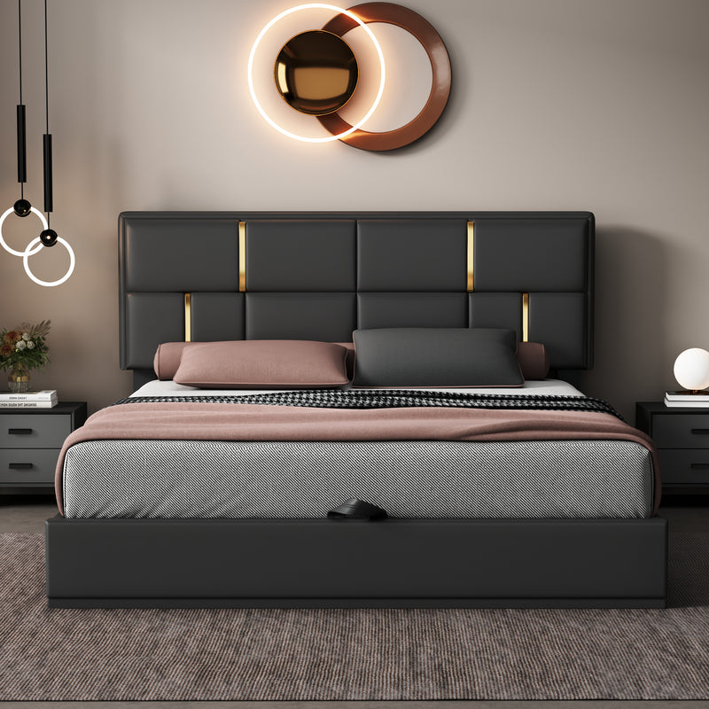 Queen Size Upholstered Platform Bed with Hydraulic Storage System,No Box Spring Needed,Black