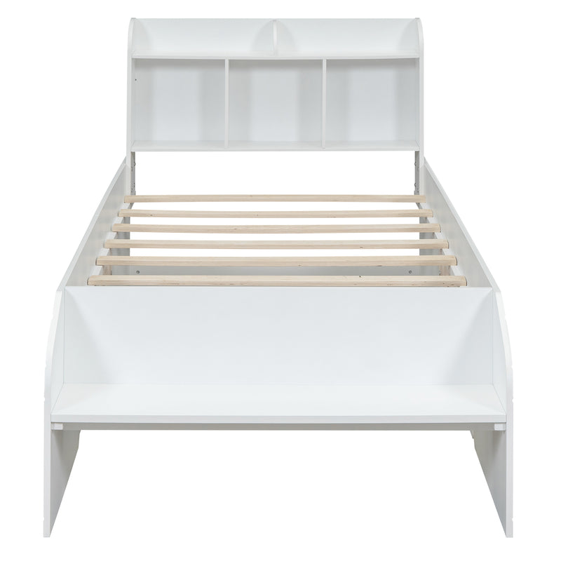 Wood Twin Size Platform Bed with 2 Drawers, Storage  Headboard and Footboard, White