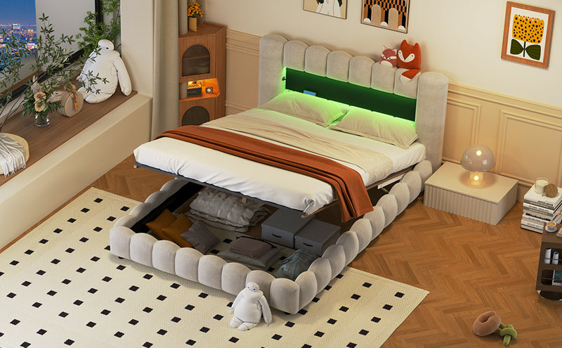 Queen Size Upholstered Platform Bed with LED Headboard and USB, Beige