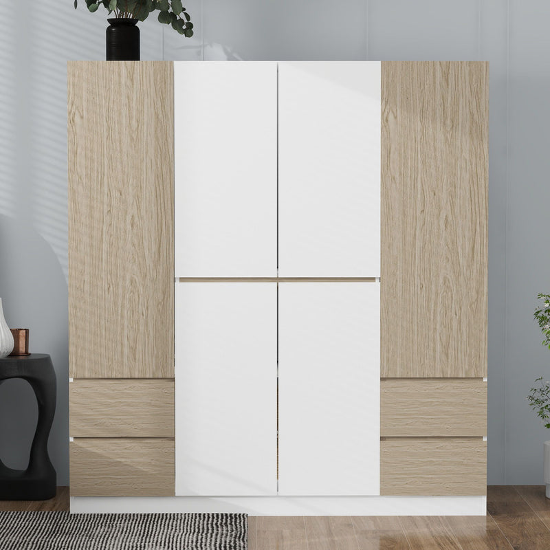 6 Doors Wardrobe Storage For Bedroom, With 4 Drawers - White / Nature