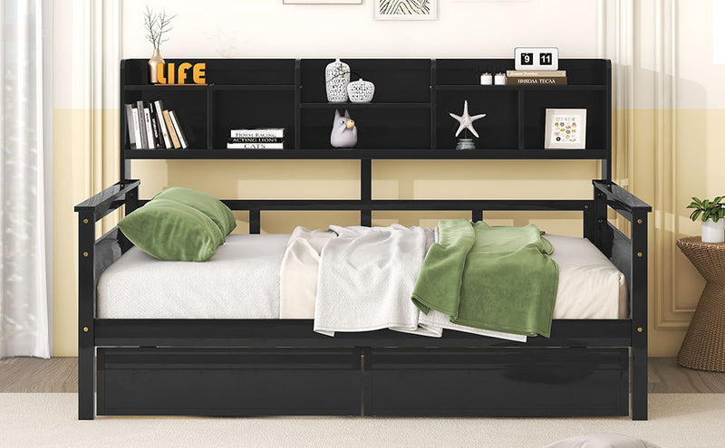 Daybed, Wood Slat Support, With Bedside Shelf And Two Drawers