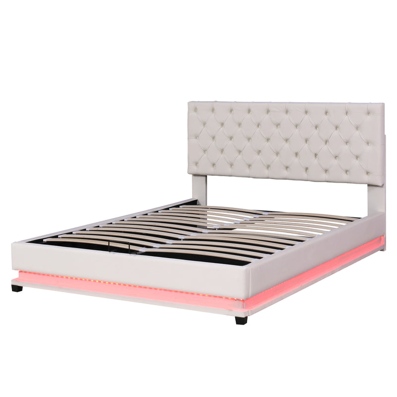 Queen Size Storage Upholstered Platform Bed with Adjustable Tufted Headboard and LED Light, Beige