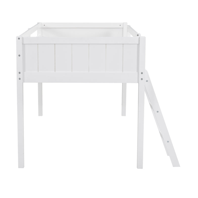 Twin Size Wood Loft Bed with Ladder, ladder can be placed on the left or right, White