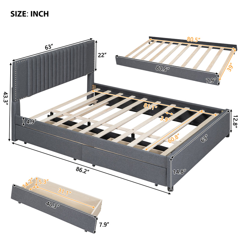 Queen Size Upholstered Platform Bed with 2 Drawers and 1 Twin XL Trundle, Classic Headboard Design, Gray