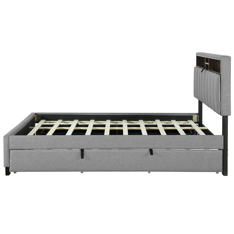 Queen size Upholstered Platform Bed with Storage Headboard, Twin XL Size Trundle & 2 drawers and a set of Sockets & USB Ports, Linen Fabric, Gray