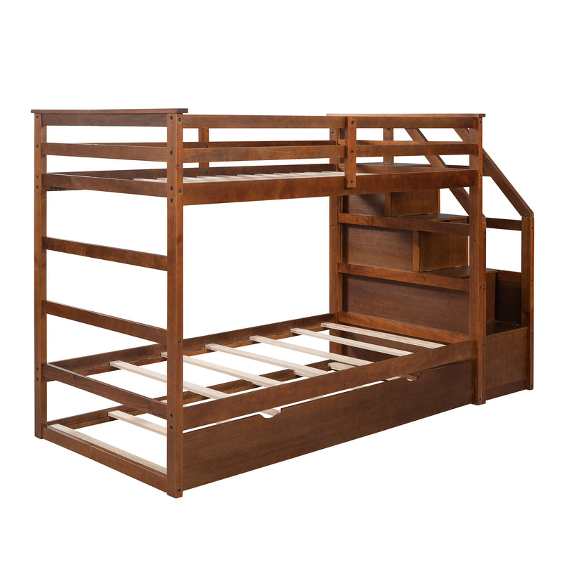 Twin-Over-Twin Bunk Bed with Twin Size Trundle and 3 Storage Stairs,Walnut (OLD SKU :LP000064AAD)