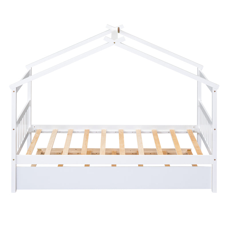 Twin Size Wooden House Bed with Twin Size Trundle, White