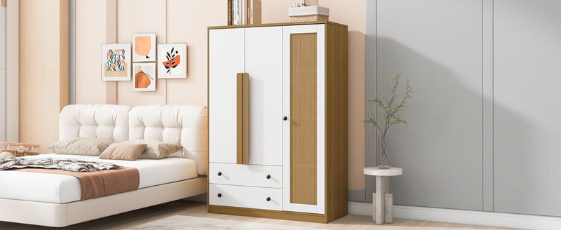 3 Doors Rattan Wardrobe Storage For Bedroom, With 2 Drawers