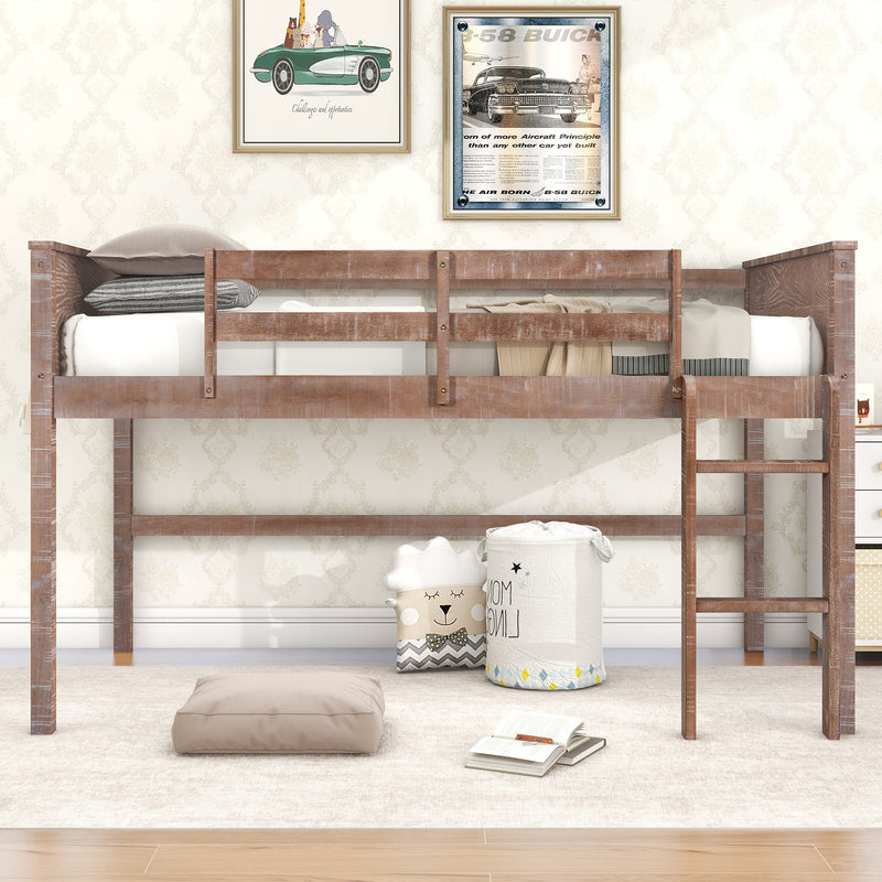 Wood Twin Size Loft Bed with Hanging Clothes Racks, White Rustic Natural