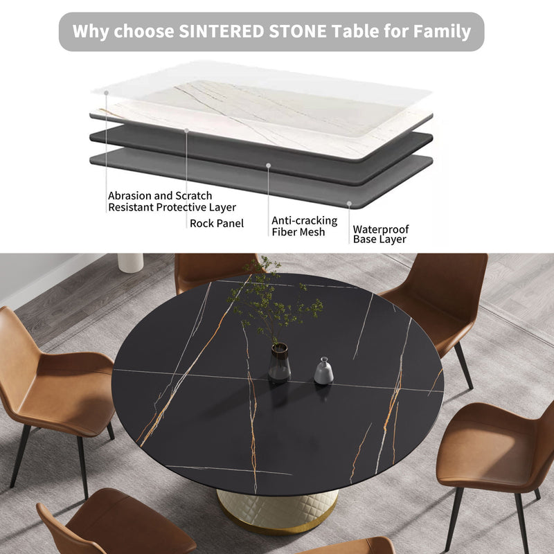 59.05" Modern Artificial Stone Round Carbon Steel Base Dining Table, Can Accommodate 6 People - Black / White