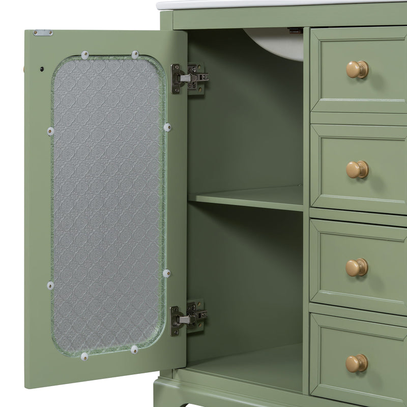 Bathroom Vanity With A Soft Close Glass Door, Adjustable Shelves, And Three Drawers