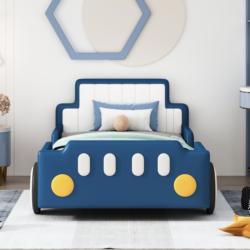 Twin Size Race Car-Shaped Platform Bed with Wheels,Blue