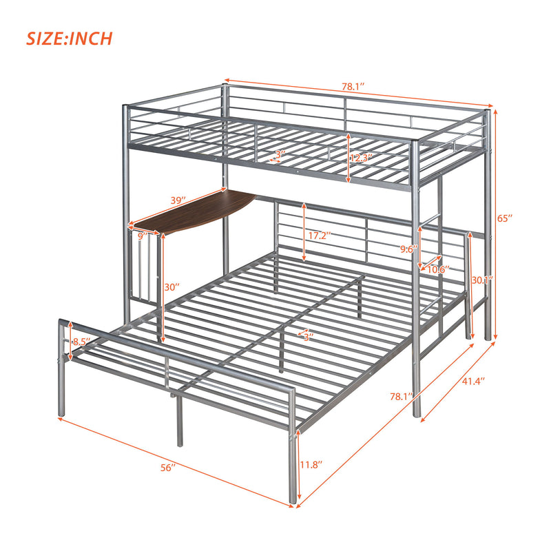 Twin Over Full Metal Bunk Bed With Desk, Ladder And Quality Slats For Bedroom - Silver