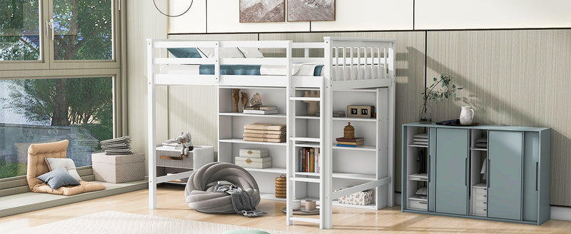 Twin Size Loft Bed with 8 Open Storage Shelves and Built-in Ladder, White