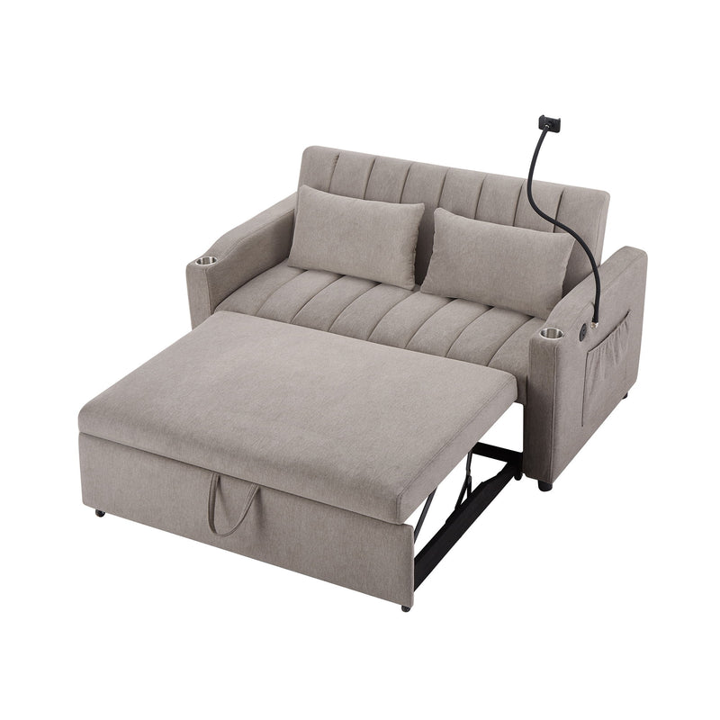 Convertible Sofa Bed Loveseat Sofa With Three USB Ports, Two Side Pockets, Two Cup Holders And 360° swivel Phone Holder For Living Room