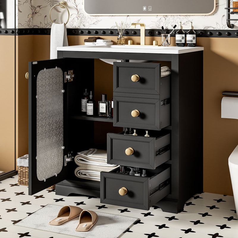 Bathroom Vanity With A Soft Close Glass Door, Adjustable Shelves, And Three Drawers