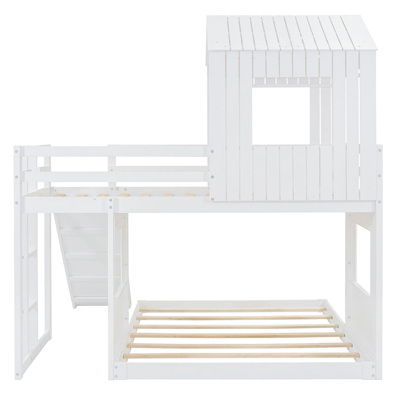 Wooden Twin Over Full Bunk Bed, Loft Bed With Playhouse, Farmhouse, Ladder, Slide And Guardrails - White